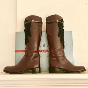 PRADA NEW W BOX CHESTNUT BROWN BOOTS/BLACK ACCENTS